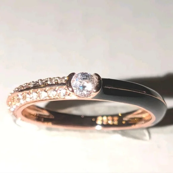 Women's 925 Sterling Silver Pavé BlackGolden Dual Cubic Zirconia Dainty Ring Sz6 - Picture 5 of 17